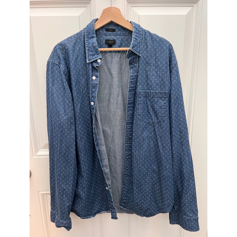 J.Crew Mens Slim Fit Blue Denim Chambray Pin Dot Button Down Shirt XL